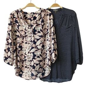 Lot of 2 Womens Blouse Pullover Top Size M Navy Floral Polka Dots Print Career